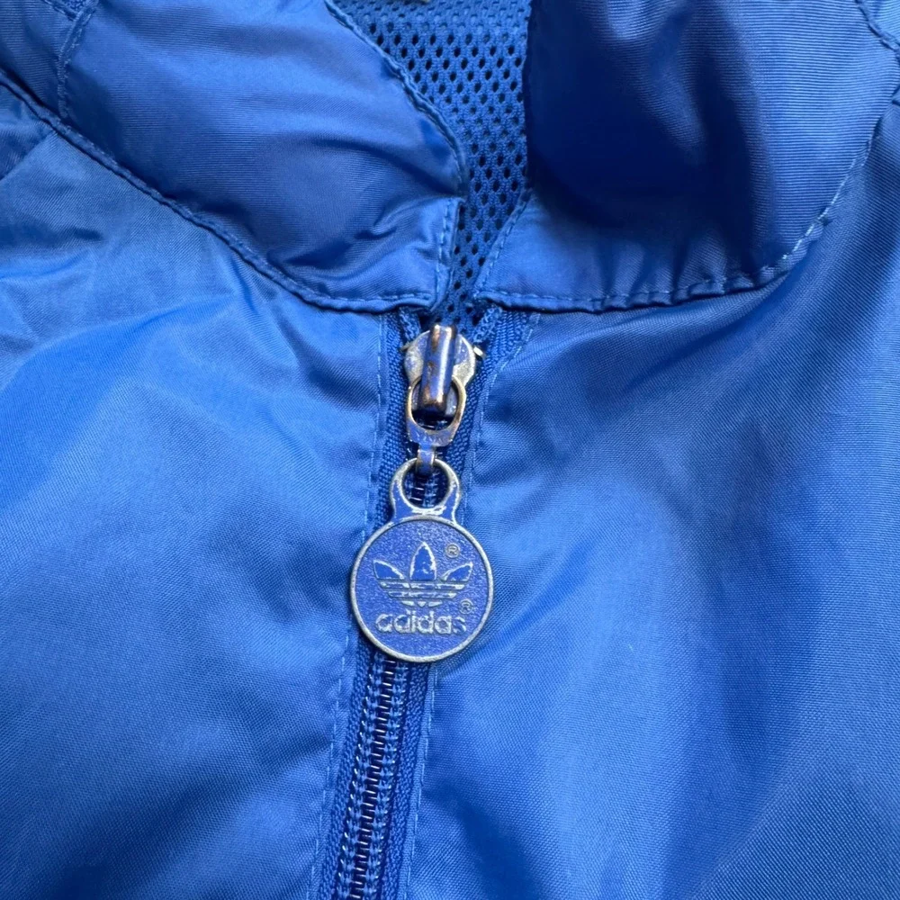 Vintage Adidas Men's Medium Full Zip Hooded Windbreaker Hidden Hood Jacket Blue